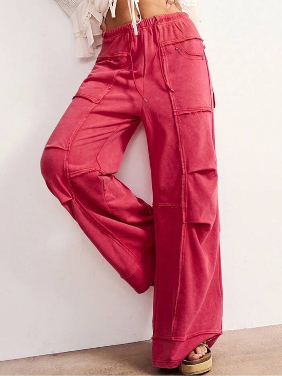 Pants - Wide-Leg Drawstring Boho Pants - Rose Red